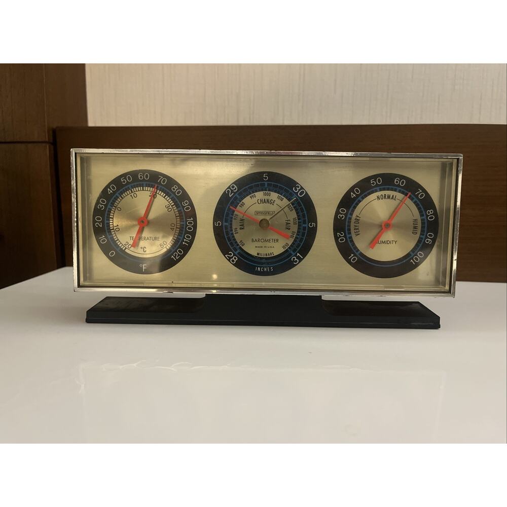 Vintage Springfield Instrument Desktop Barometer Thermometer Humidity Gage